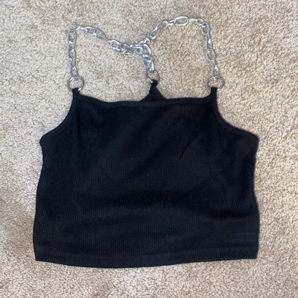 black crop top with chain straps
